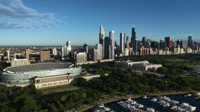 Drone Shot of Chicago USA, Soldier Field Stadium, Field Museum and Cityscape Skyline on Sunny Day 60fps