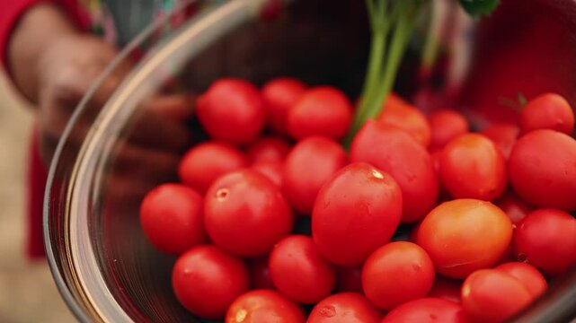 Gardener holds bowl of small ripe tomatoes to camera, fresh food