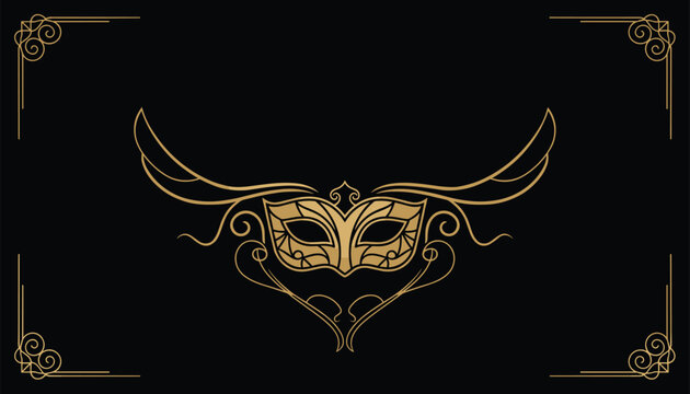 Ornate gold masquerade mask on a black background features delicate filigree details and decorative corner border frames.