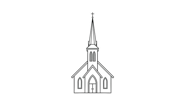 Clean black and white line art illustration of a traditional Christian church building featuring a tall steeple and a cross.