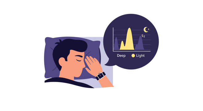 Man Sleeping with Smartwatch Tracking Sleep Quality and Cycles Flat Vector Illustration