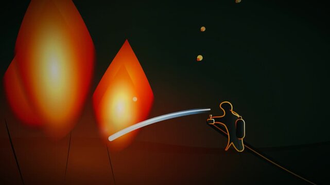 Stylized Firefighter Extinguishing Flames in Dark Night Graphic Animation