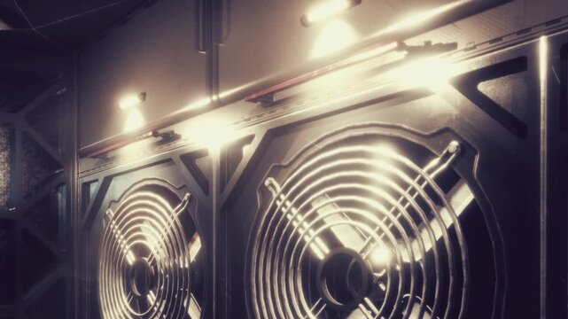 Two large metal fans are mounted on a wall in a modern building. The lights reflect on their shiny surfaces. The scene shows a focus on ventilation and air circulation.