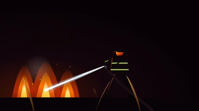 Flat vector animation of a firefighter extinguishing flames at night