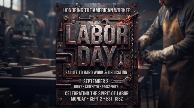 Vintage style labor day poster featuring metallic industrial typography with a blurred workshop background and worker silhouette