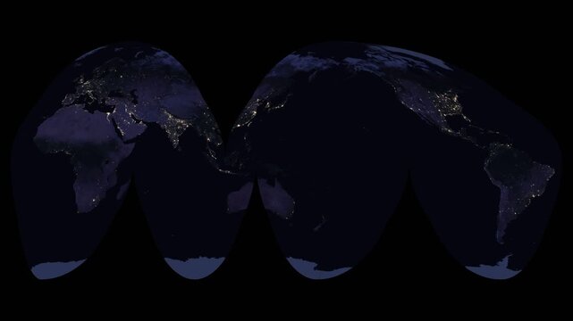 Interrupted Homolosine world map projection showing night lights. Animated globe with glowing cities. Earth's continents and oceans in relief. Elements of this animation derived from NASA imagery.