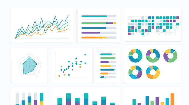 Assorted data charts and graphs collection with colorful infographics and dashboards.
