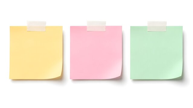 Colorful pastel sticky notes with tape on white background, yellow pink green paper for reminders