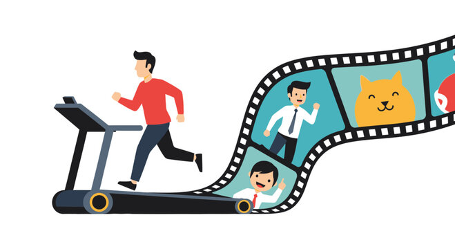 Conceptual Illustration of a Man Running on a Treadmill Made of Film Strip Representing Content Creation, Social Media Life, and the Constant Demand for Video Production