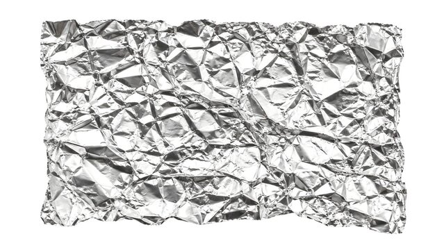 Crumpled aluminum foil sheets isolated on white background, shiny metallic texture, kitchen cooking material, reflective silver surface, food