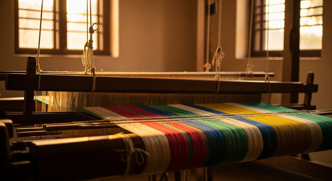 Traditional handloom weaving colorful striped textile in a sunlit workshop