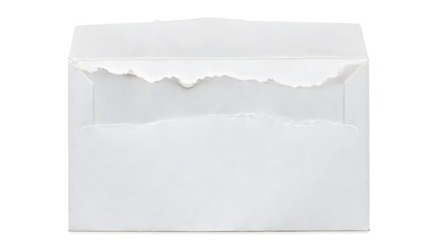 White paper envelope with torn edges isolated on white background, blank mail concept