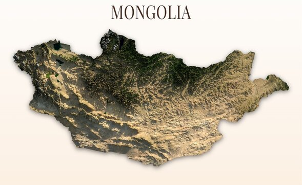 Mongolia Shaded Relief Map. Hillshaded physical terrain map illustration. Light background with title. Illustration elements derived from NASA Imagery and NASADEM Global Elevation Model.