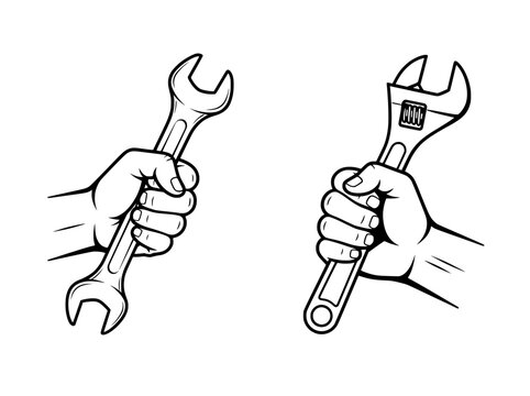 Vintage mechanic hand holding wrench vector, industrial repair tool line art, plumber hand with adjustable spanner, garage service icon set