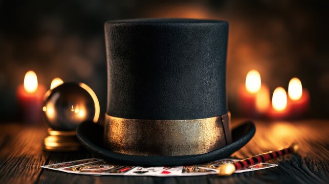 Mysterious Black Top Hat with Golden Band Surrounded by Candles, Playing Cards, and a Crystal Ball in Atmospheric Lighting for Magical Themes