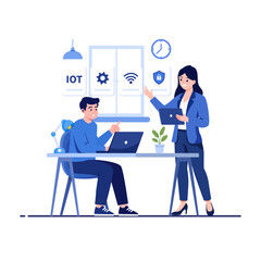 Fototapeta premium Two IT Professionals Collaborating on IoT Infrastructure and Network Security in a Modern Office