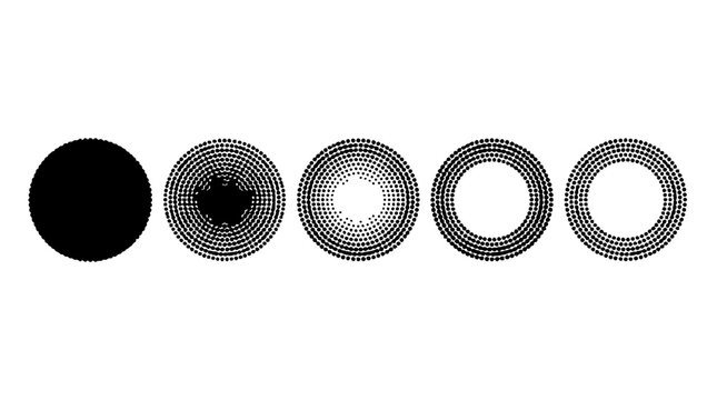 Circular patterns set with diminishing dot density featuring halftone, gradient, transition, monochrome and sequence