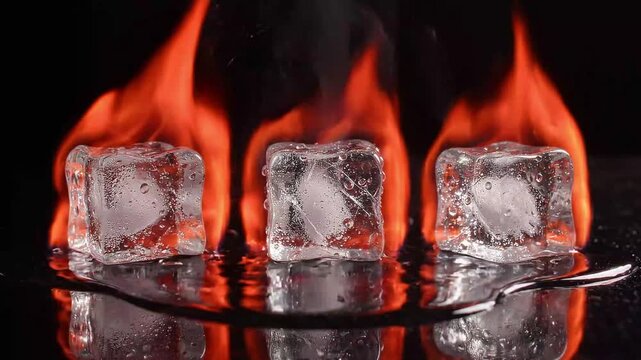 Ice Cubes Burning with Fiery Red Flames on Dark Reflective Surface
