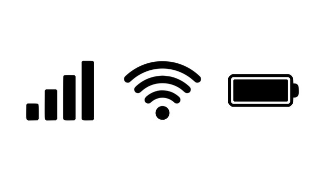 Tech icons set with signal strength, Wi-Fi symbol, and battery indicator featuring cellular bars, wireless network, and power level with monochrome design and flat style