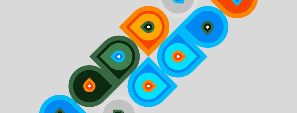 Abstract design features colorful circles, oblong shapes. Overlapping forms create dynamic visual pattern. Simple geometry dominates composition.