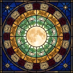 Obraz premium Ornate stained glass mosaic mandala featuring a glowing central full moon encircled by rings of white lotus pads, osmanthus, and chrysanthemums.