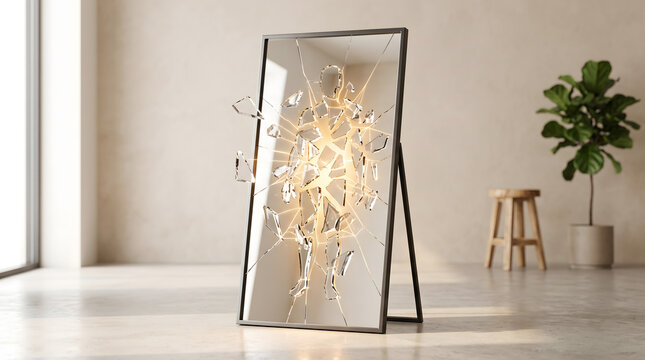 Golden Energy Light Figure Emerging from Broken Mirror Bright Room Self Growth