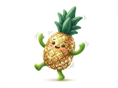 Cute dancing pineapple character, happy golden fruit mascot with glitter texture, cheerful tropical food illustration on white