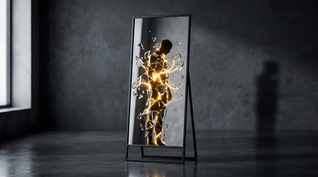 Glowing Golden Human Energy Silhouette Shattered Mirror Self Discovery Metaphor