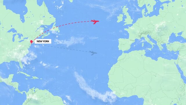 Animated flight path map showing an international travel route from New York to Bahrain Island on a green and blue world map.