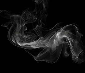 Fototapeta premium White ethereal smoke wisps dance across deep black background creating flowing abstract patterns and textures perfect for artistic overlay design or cinematic visual atmosphere.