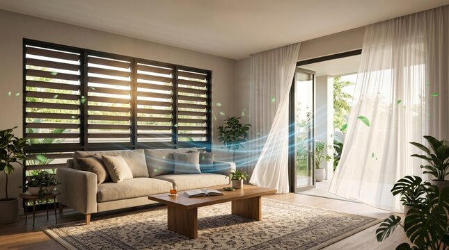 Cozy modern living room interior with open sliding glass door, flowing fresh air breeze waves, and floating green leaves for indoor ventilation concept.
