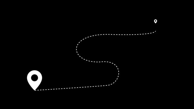 Animated map route with location pins, gps navigation path and travel destination markers on black background