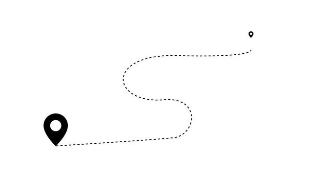 Animated map route with location pins, dotted path line travel motion for logistics, navigation, and delivery services on white background