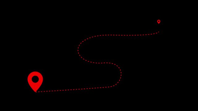 Animated map route with red location pins and dotted path line for travel and logistics motion navigation