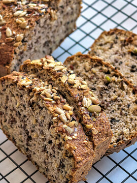 Sliced Keto Bread Loaf Displaying Dense Seeded Crumb