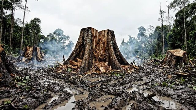 Deforestation and tree stumps in muddy rainforest landscape with smoke muddy