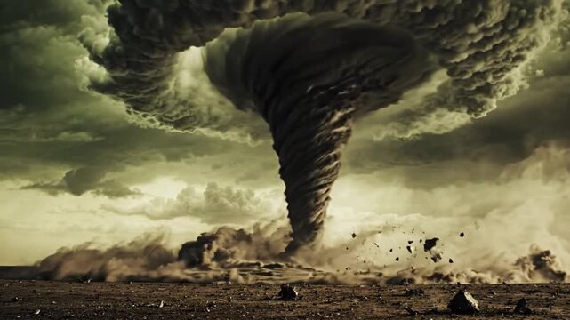 Massive tornado touching down and kicking up dust in a barren field twister