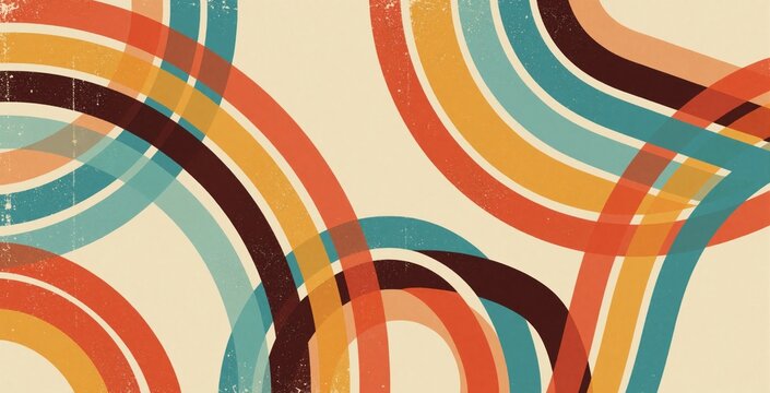 Abstract vintage background with overlapping curved stripes in warm retro colors. Geometric rainbow lines create dynamic, playful pattern with faded texture. Curved path design evokes sense of