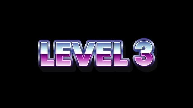 Retro 80s Style Text Effect Featuring 'Level 3' in Vibrant Metallic Purple and Blue on a Black Background