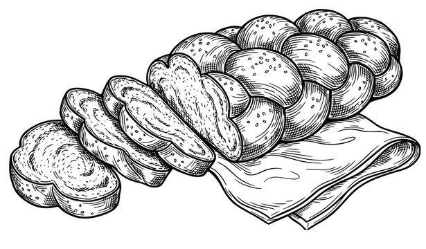 Sliced braided challah bread with folded napkin black ink contour illustration for Jewish bakery packaging menu and culinary vector design
