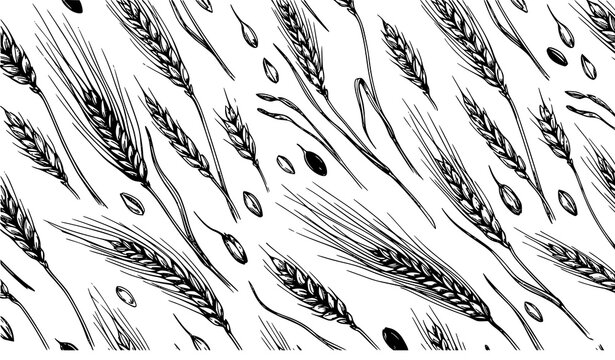 Hand drawn wheat ear and barley stalk seamless botanical pattern in black and white for bakery packaging organic food vector design