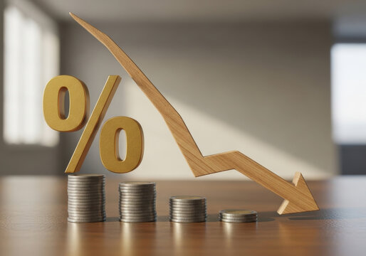 Declining percentage symbol with descending arrow above decreasing coin stacks represents economic inflation and financial loss.