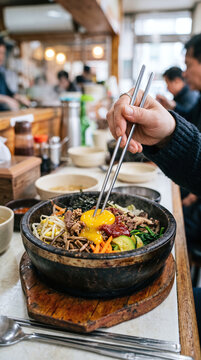 Person breaking egg yolk in hot stone bowl bibimbap at a Korean restaurant
