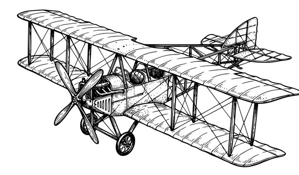 Early experimental airplane hand drawn ink outline with propeller wings and open cockpit for vintage aviation vector illustration