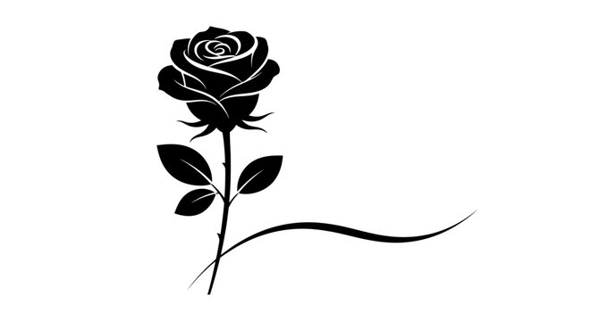 Single elegant red rose vector illustration with detailed petals, green stem, and leaves isolated on white background. Botanical floral design element for wedding invitations and greeting cards.