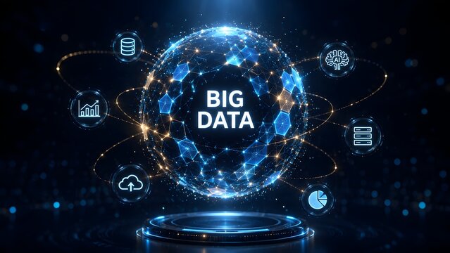 Big data global network concept with artificial intelligence brain and cloud computing icons orbiting a central digital sphere
