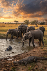 Naklejka premium elephants at sunset