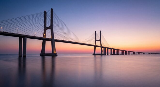 Panoramic view of Vasco da Gama bridge over the Tagus river in Lisbon at sunset