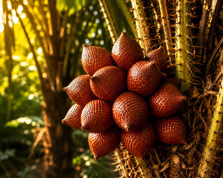 Fresh Salak Snake Fruit Cluster Hanging on Thorny Palm Tree, Golden Hour