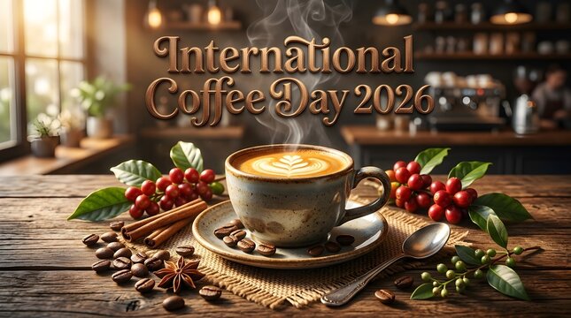international coffee day 2026 Espresso Cup on Rustic Table with Leaves and Coffee Beans